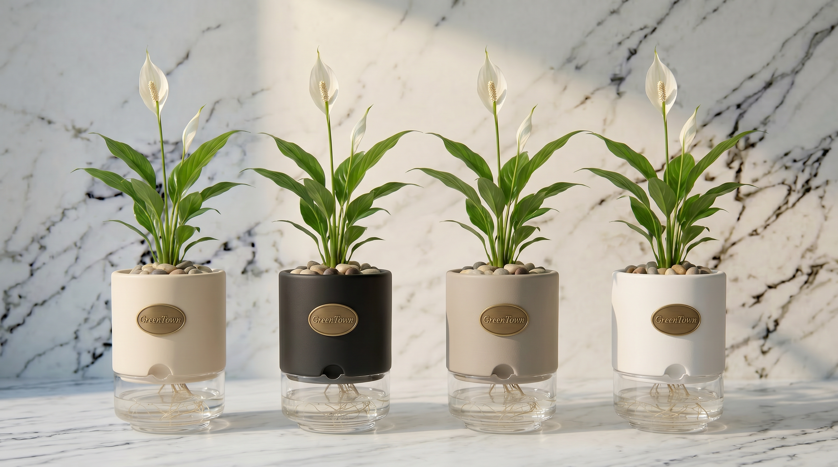 Four identical GreenTown vases in a row on a honed Carrara marble surface, showing the four collar finishes in order: matte cream, matte black, matte warm stone-grey and matte white. Each collar has a pressed antique-brass GreenTown medallion on the front face, and holds a single-stem Peace Lily with pebbles in the top collar and fine roots in the clear water below.