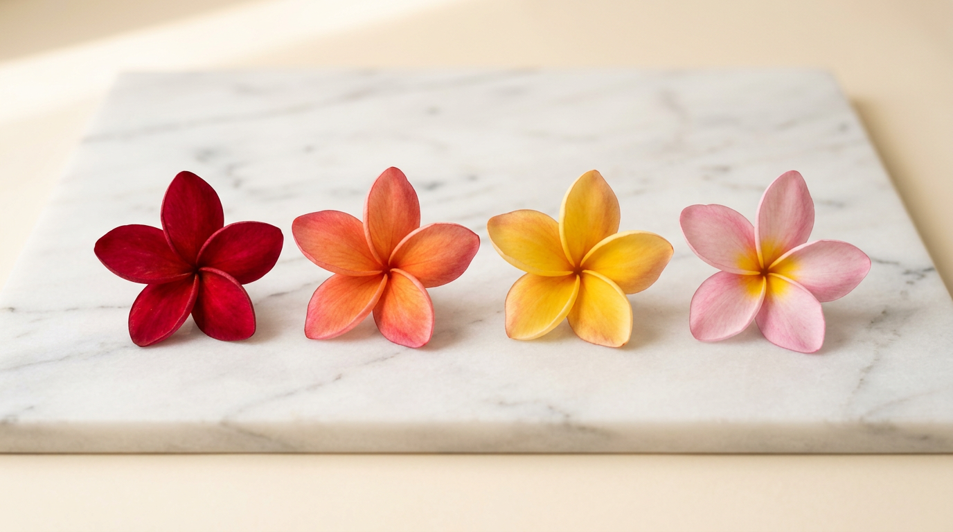Four frangipani blooms on Carrara marble — red, orange, yellow and pink, side by side.