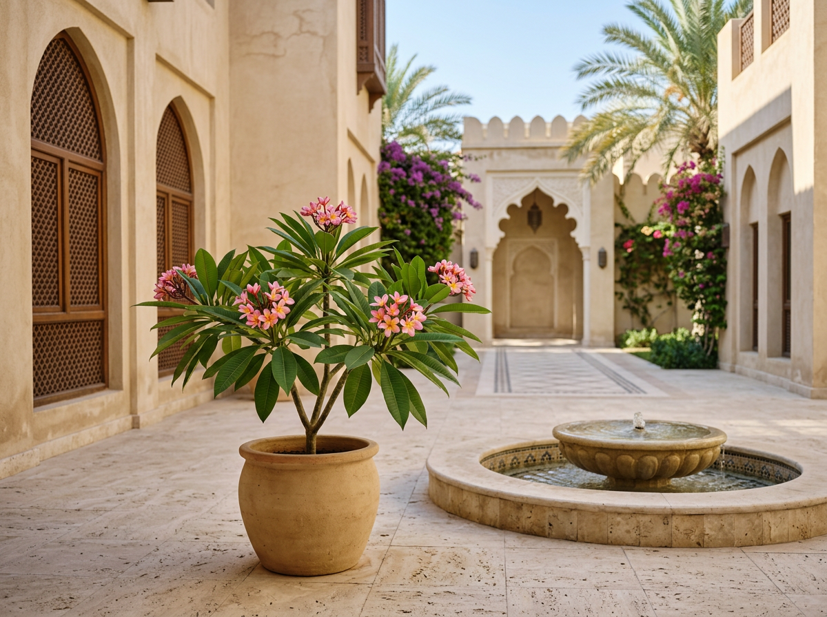 A single pink frangipani beside a low stone fountain in a sand-colored Dubai villa courtyard.