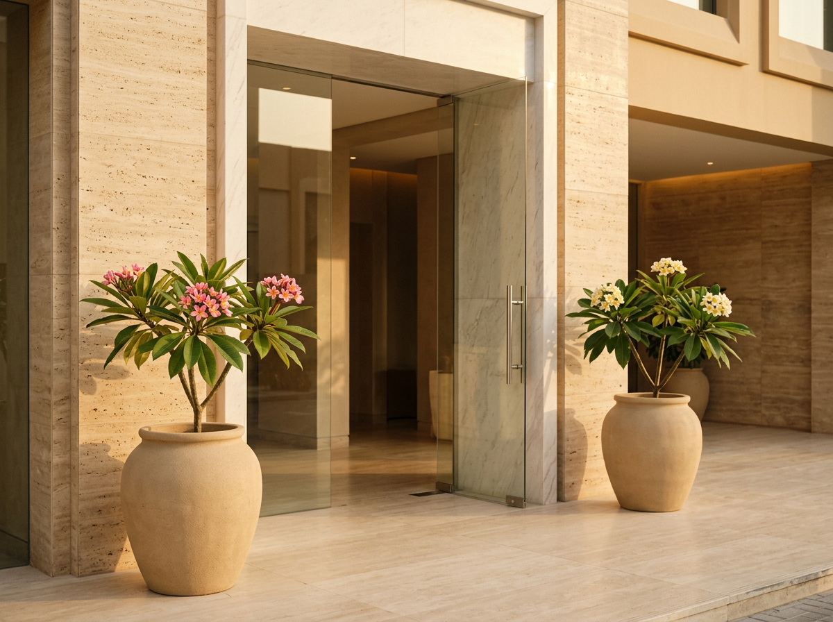 Two matched potted frangipani at a quiet boutique Dubai hotel entrance.