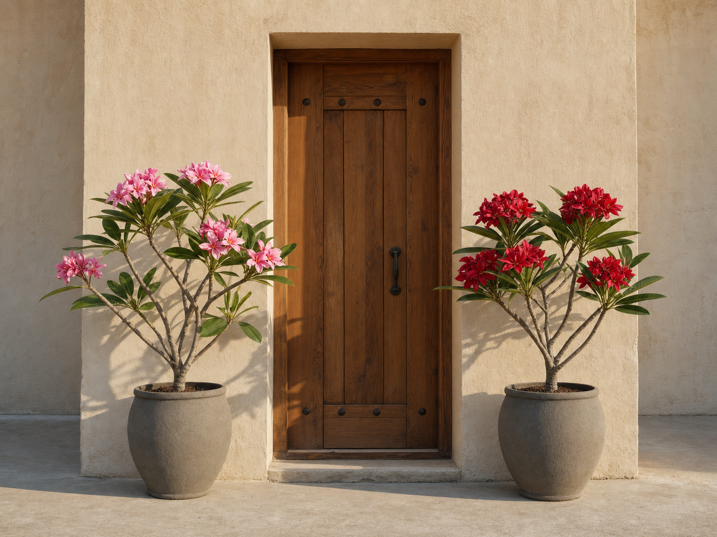 Two potted frangipani — pink and red — flanking a wooden door at a quiet Dubai entrance.