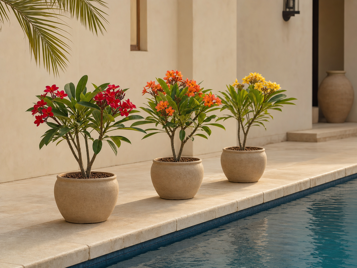 Three potted frangipani lined along the edge of a quiet Dubai villa pool.