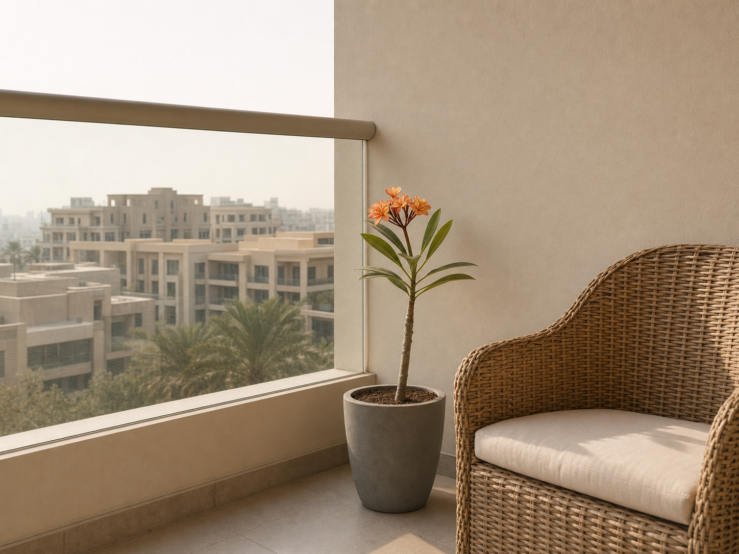 A single potted frangipani on a quiet Dubai apartment balcony.