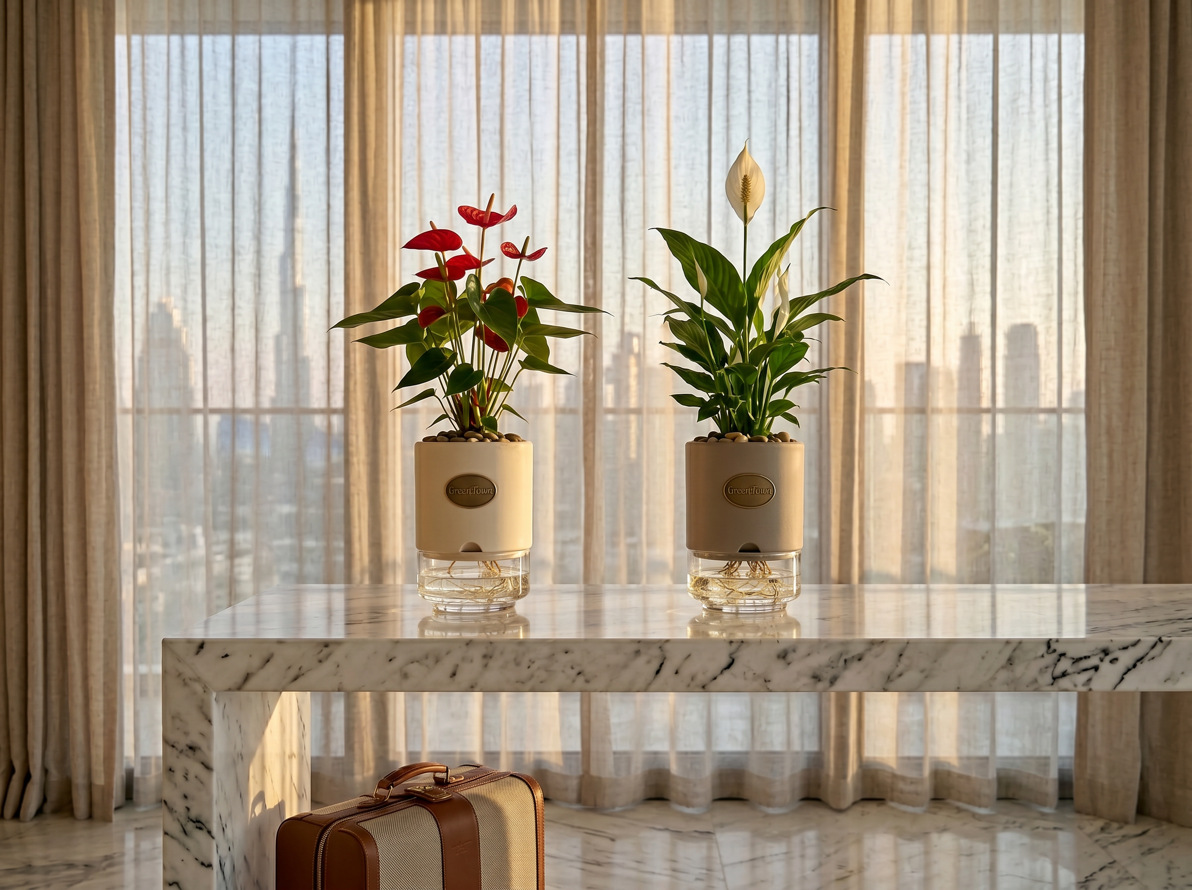 Two GreenTown vases on a polished white Carrara marble console in a quiet, unoccupied Dubai penthouse at golden hour. A red Anthurium in a cream-collar vase and a Peace Lily in a warm stone-grey-collar vase, both healthy and upright on their own. A carry-on suitcase rests at the base of the console; sheer linen curtains reveal the Dubai skyline beyond.
